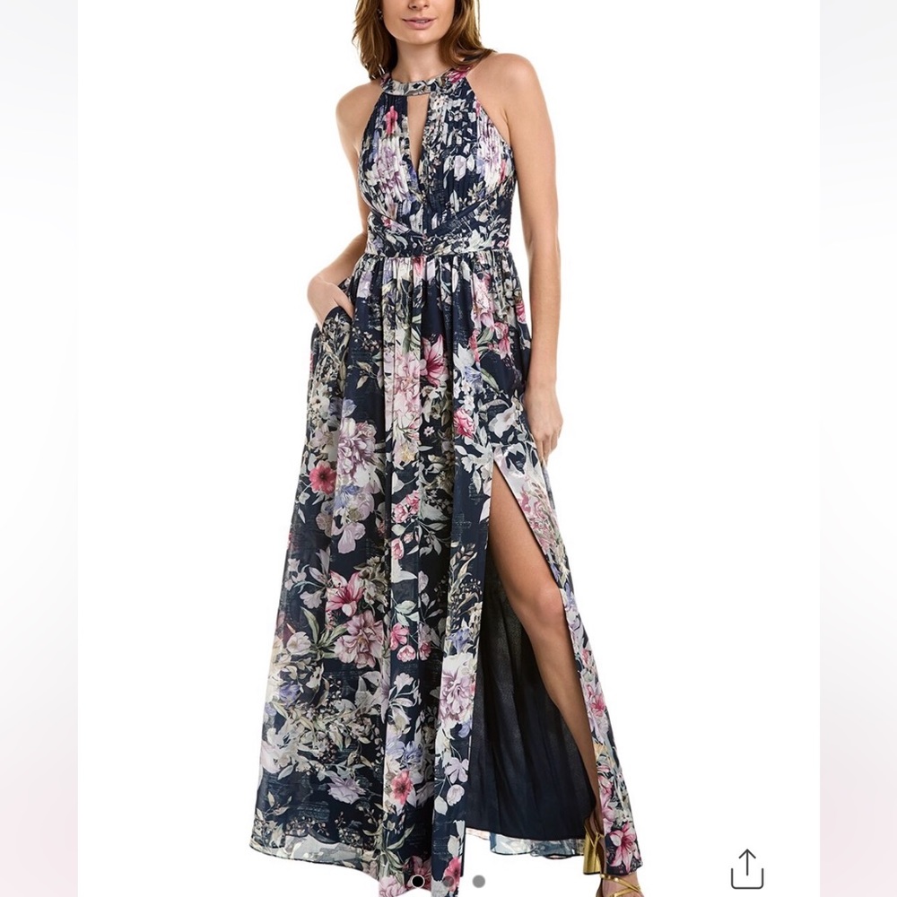 150.  Aidan Mattox Printed Halter Maxi Dress in Navy Multi-color, Size 10 NWT